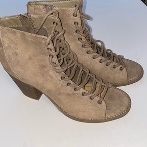 Faux Suede Peep Toe Front Lace up Boot. Mossimo Supply Co.